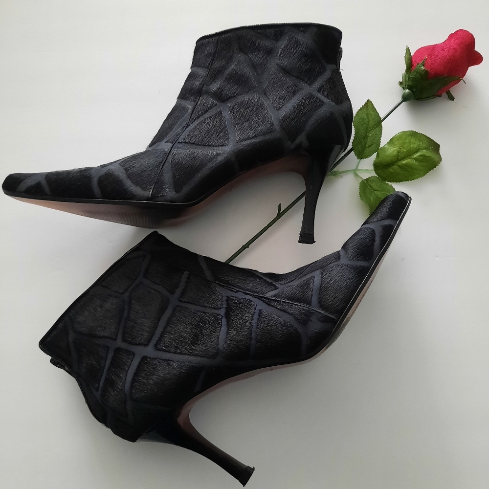 Black Laser Giraffe Haircalf Ankle Boots, 9.5M